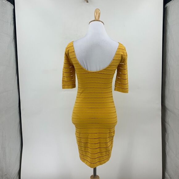 Bebe Eyelet Dress Womens XS Extra Small Yellow Lined Bodycon Mid Sleeve Fitted - Picture 4 of 9